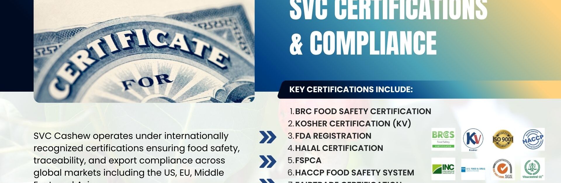 SVC Certifications – Why Global Buyers Trust Our Cashew Factory